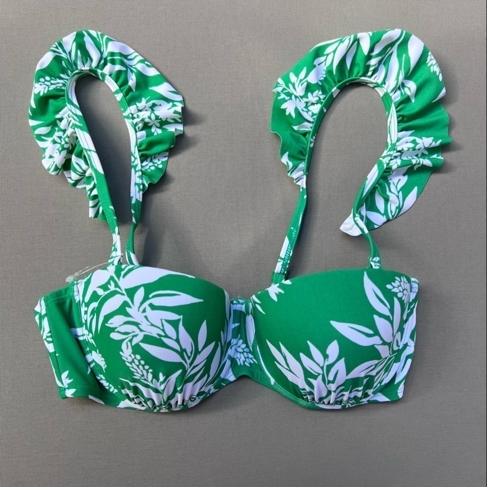 𝅺Gottex Ruffle Sleeve Leaf Print Bikini Top Green/White Sz 32C NWOT